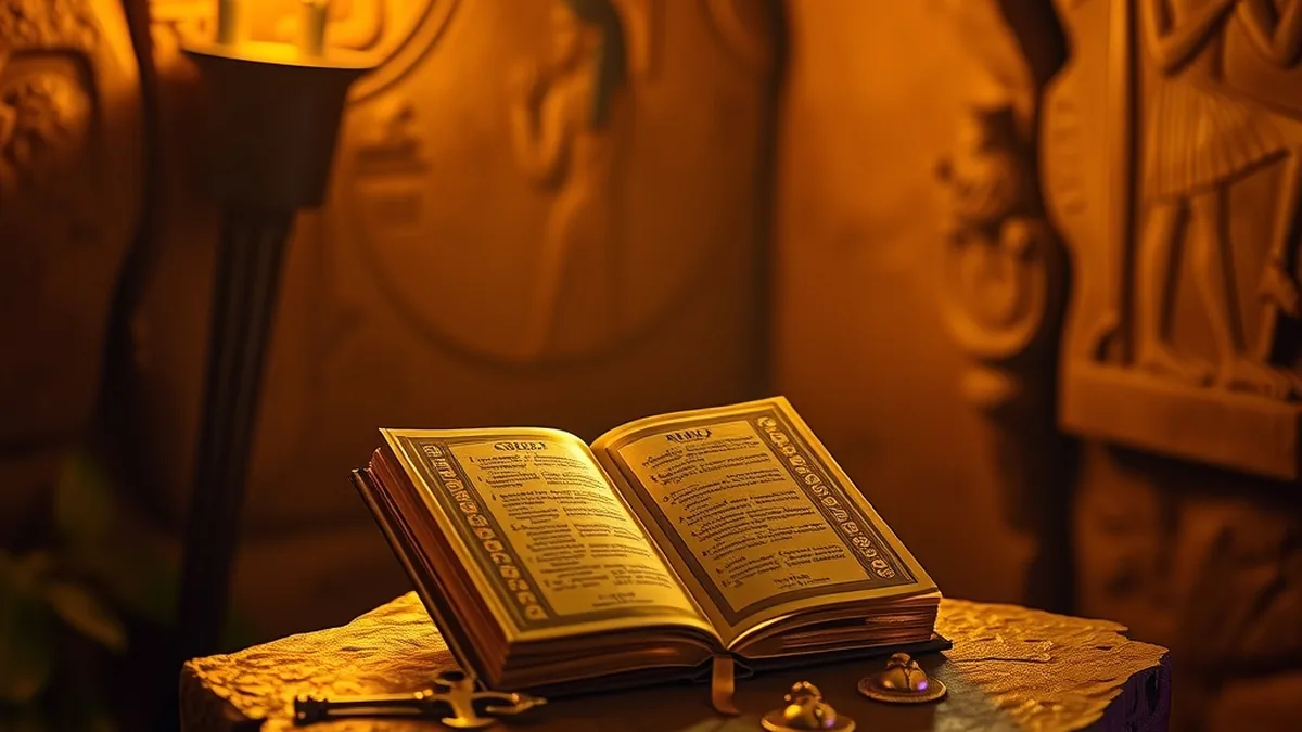 Livre doré dans un tombeau égyptien éclairé, univers de Book of Dead