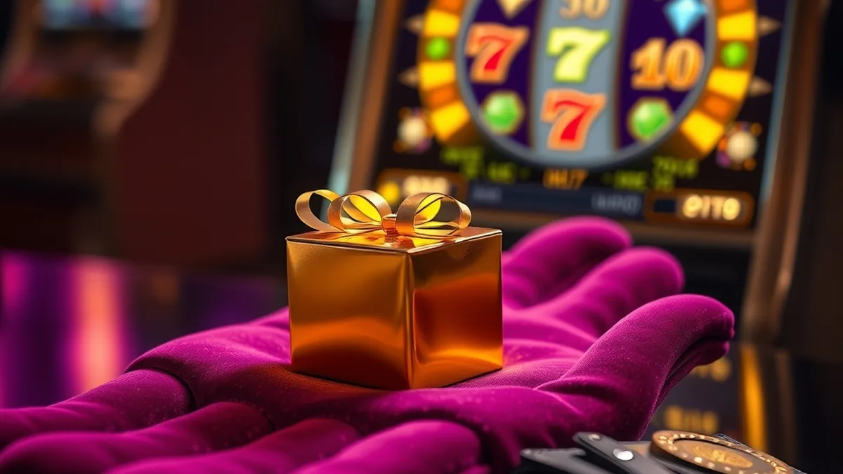 Petit cadeau doré et rouleau de slot illustrant le bonus sans dépôt