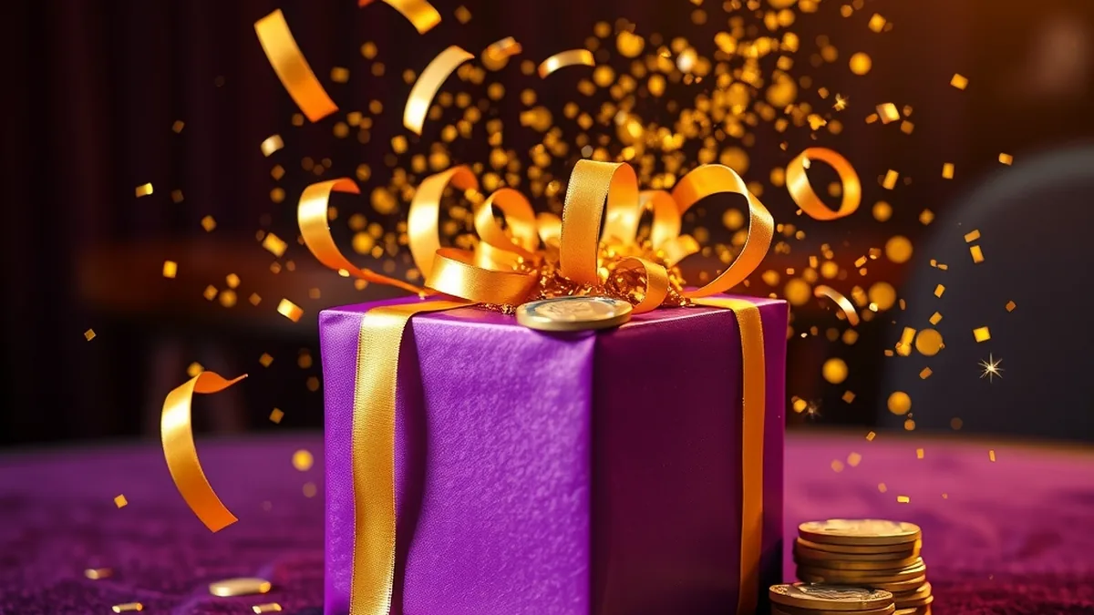 Coffret cadeau ouvert avec confettis, jetons et pièces pour le bonus Jackpot Bob