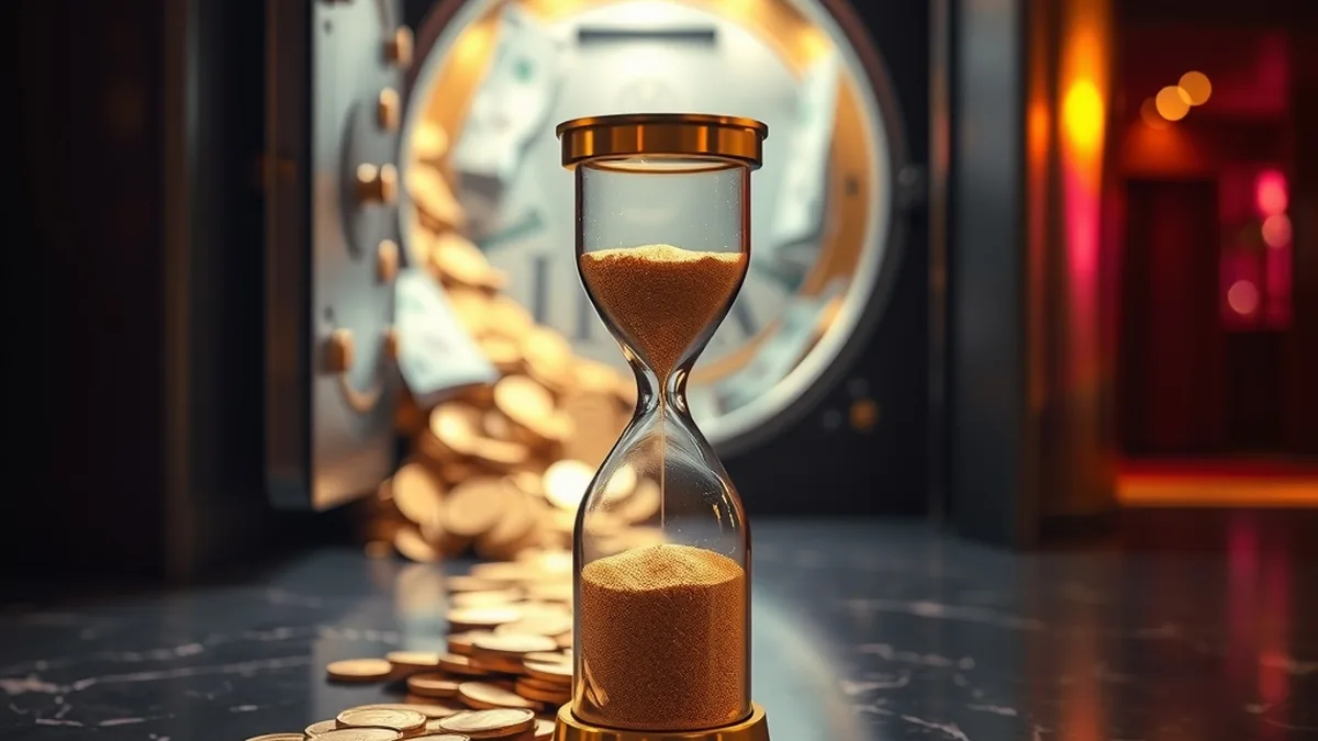 Pièces d'or sortant d'un coffre et sablier illustrant les délais de retrait