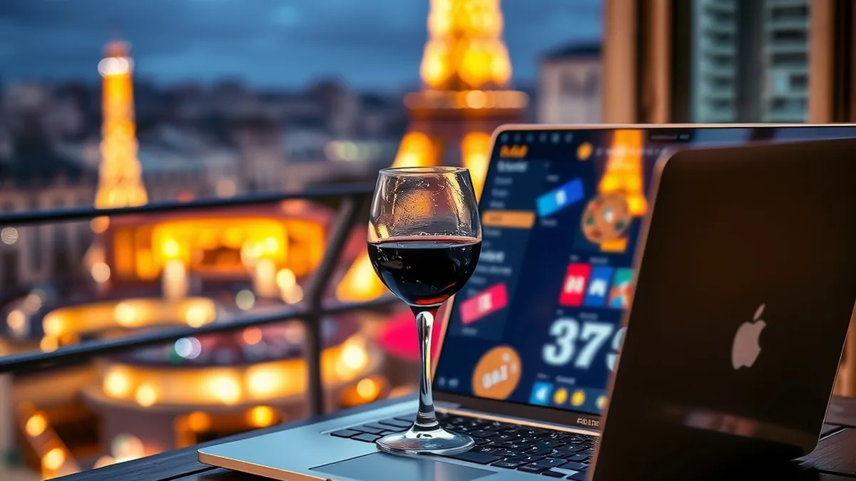 Ordinateur portable affichant un lobby de casino sur un balcon parisien